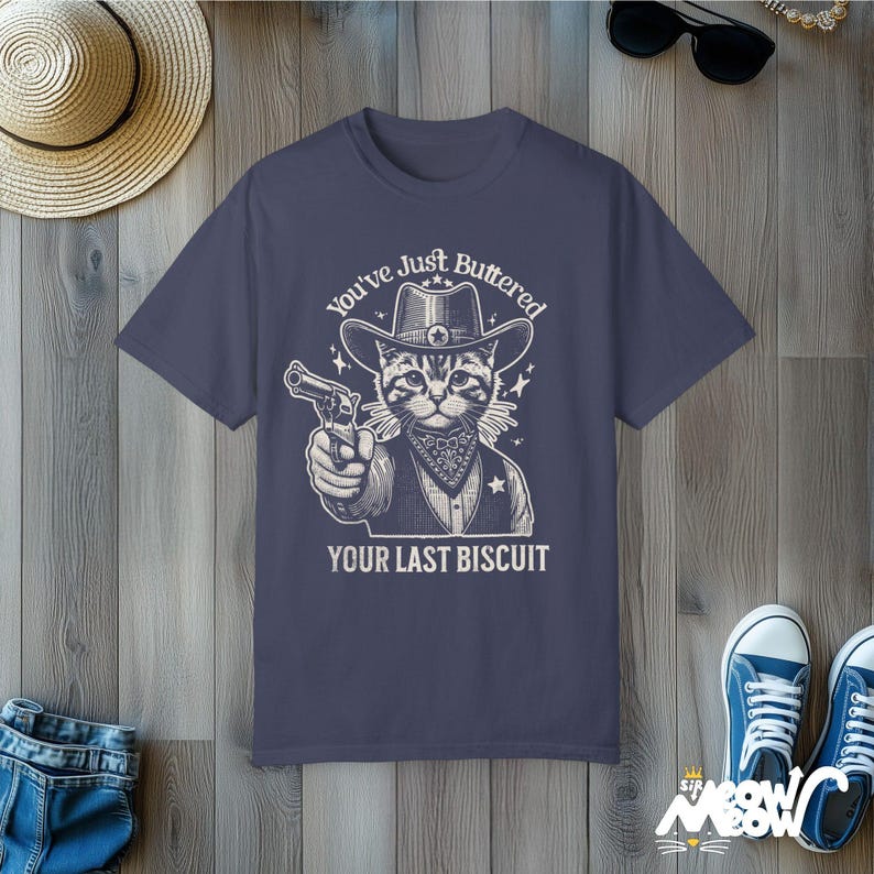 Cowboy Cat T-Shirt: Funny Western Graphic Tee - Comfort Colors Denim
