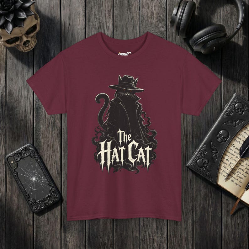 The Hat Cat Gothic T-Shirt, Spooky Halloween Cat Lover Tee Maroon