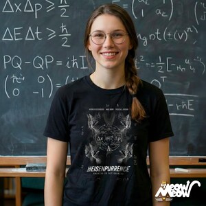 May include: Black t-shirt with a graphic design featuring cat faces, mathematical symbols, and the text "HEISENPURRENCE". The shirt also includes the text "KNOWING IS NOT KNOWING". The shirt is worn by a person with glasses in front of a chalkboard.