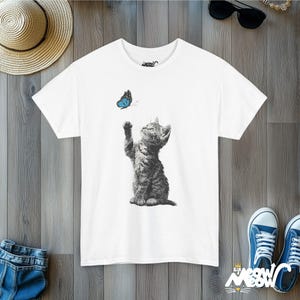 Kitten and Butterfly Graphic T-Shirt, Cat Lover Tee White