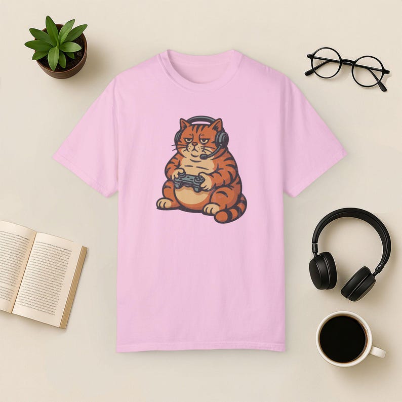 Camiseta Gamer Cat Comfort Colors: Divertida camiseta de videojuegos con un gato perezoso Blossom