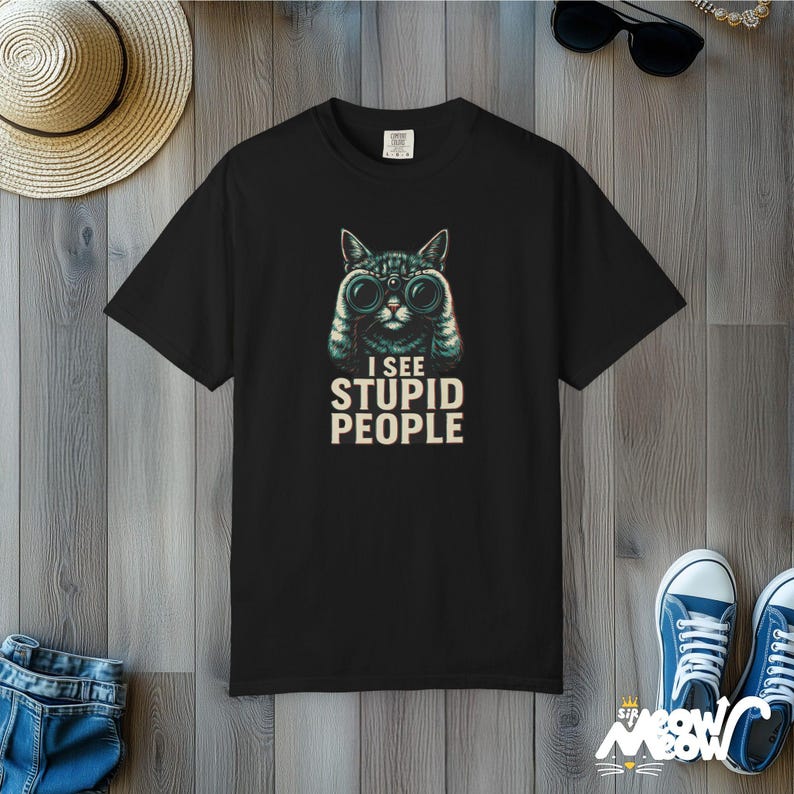 Comfort Colors Cat Binoculars T-Shirt: Sarcastic Humor Tee Black