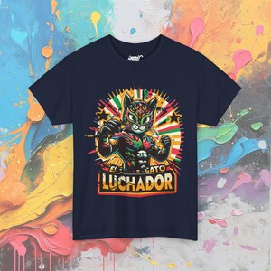 Wrestling Cat Shirt, El Gato Luchador T-Shirt, Lucha Libre Inspired Mexican Wrestler Cat Navy