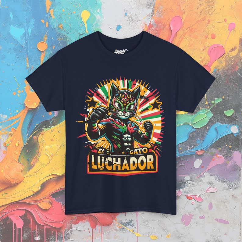 Wrestling Cat Shirt, El Gato Luchador T-Shirt, Lucha Libre Inspired Mexican Wrestler Cat Navy