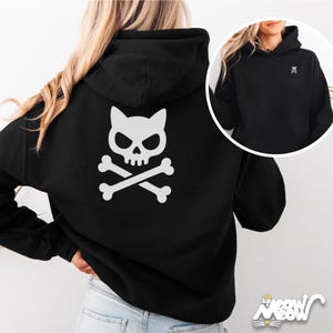 Cat Skull Crossbones Hoodie, Gothic Kitty Pullover, Alt Punk Aesthetic, Minimal Skeleton Graphic