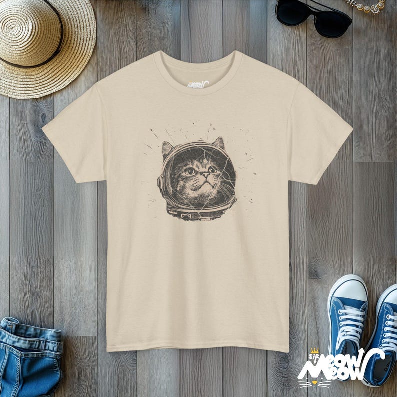 Astronaut Cat T-Shirt: Cosmic Kitty Space Design Sand