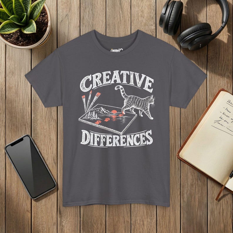 Creative Differences Cat T-Shirt, Funny Artist Cat and Paw Prints, Art Lover Gift, Gildan 5000 Charcoal
