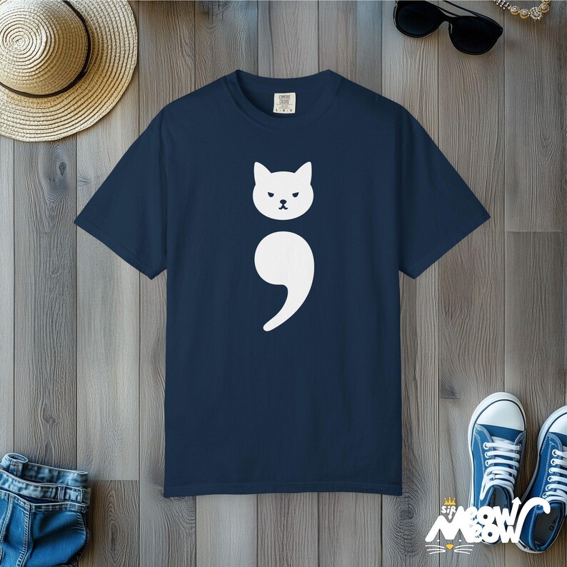 Comfort Colors Cat Semicolon Shirt: Mental Health Tee True Navy
