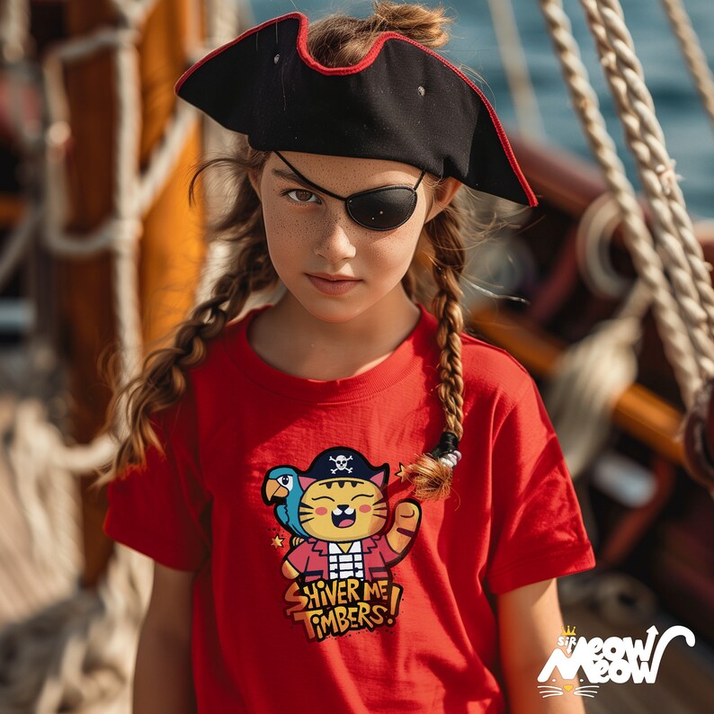 May include: A young person wearing a red t-shirt with a cartoon pirate cat and parrot graphic. The shirt says "Shiver Me Timbers!" The person is also wearing a black pirate hat and an eye patch.
