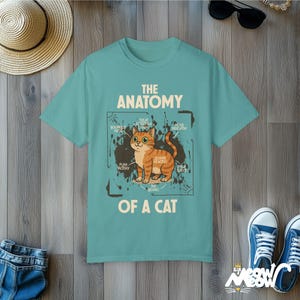おもしろ猫の解剖学と快適な色彩のTシャツ：猫好きへのギフト Seafoam