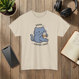 Coffee First Cat T-Shirt: Cartoon Illustration, Coffee Lover Gift Sand