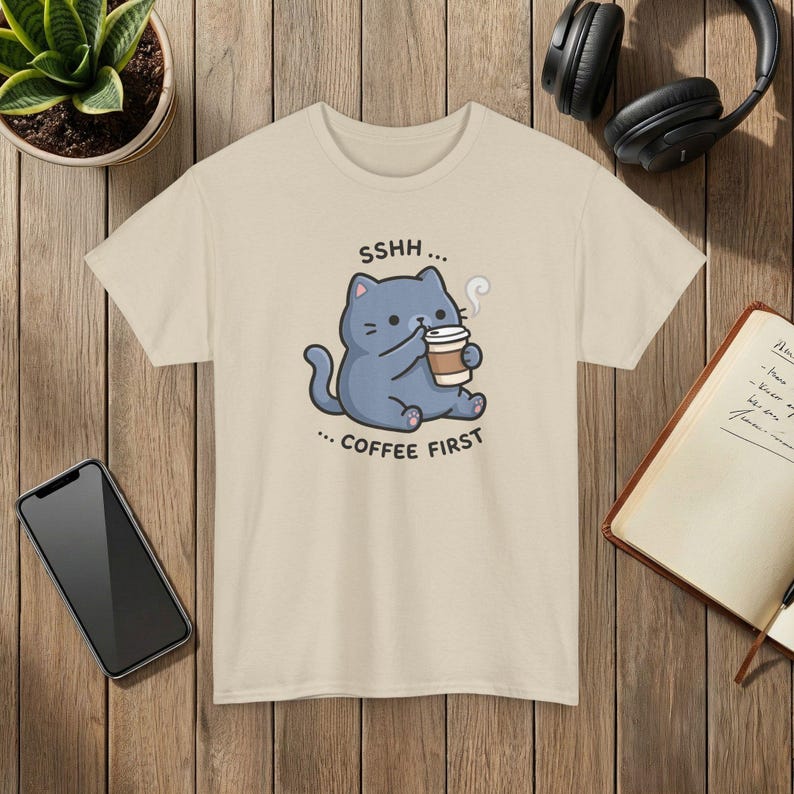 Coffee First Cat T-Shirt: Cartoon Illustration, Coffee Lover Gift Sand