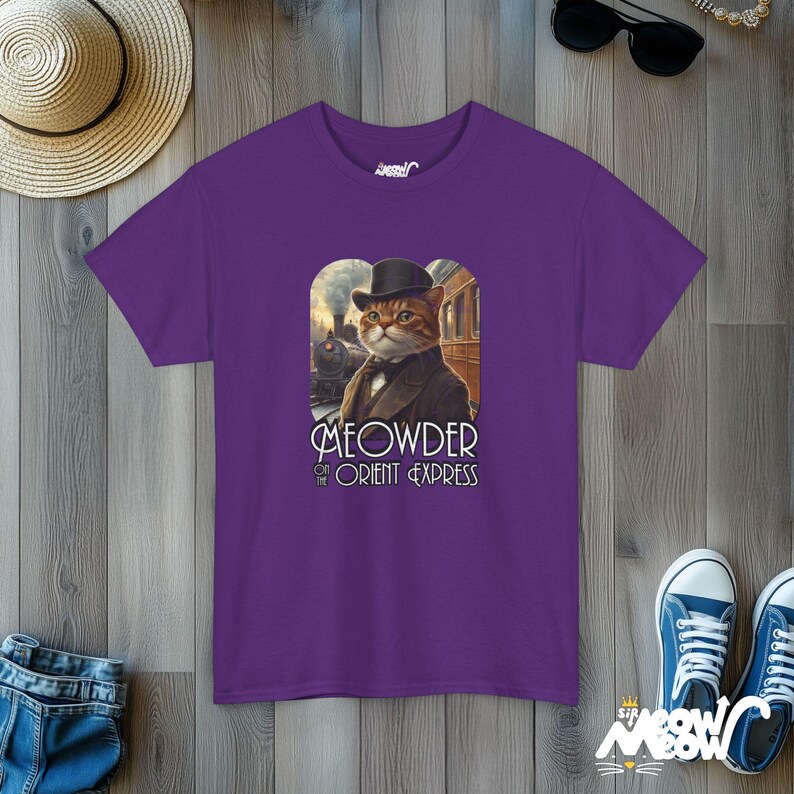 Meowder on the Orient Express Cat T-Shirt: Funny Detective Design Purple