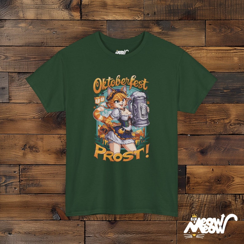 Oktoberfest Cat Girl T-Shirt: Bavarian Beer Prost! Tee Forest Green