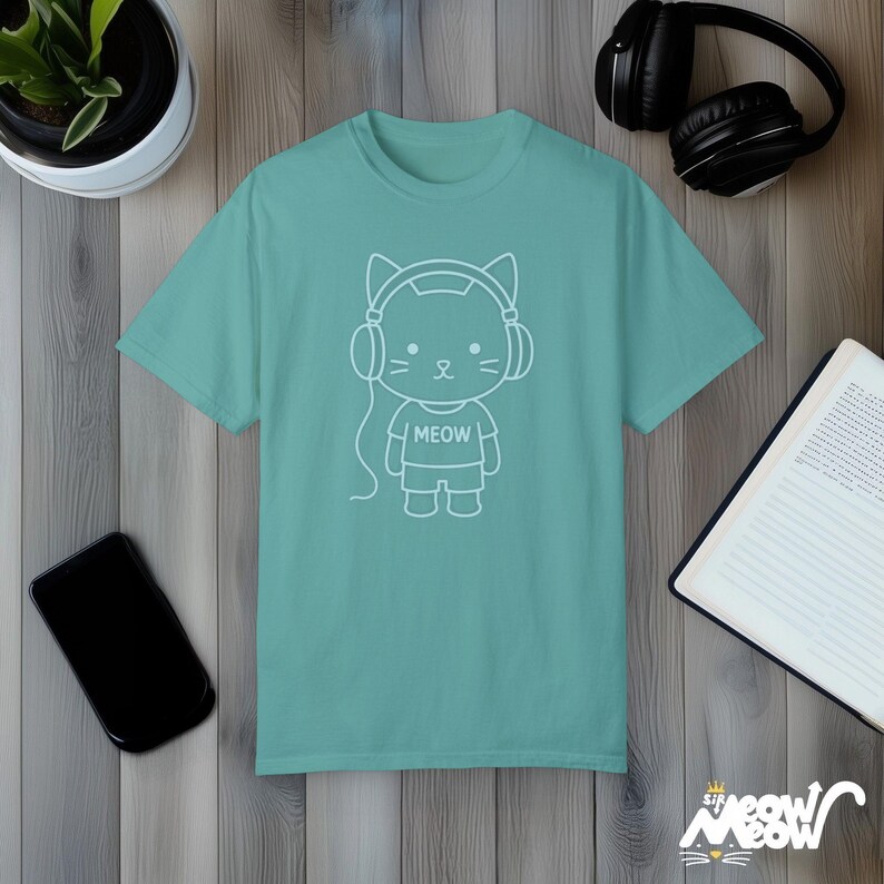Comfort Colors Neon Cat-koptelefoon-T-shirt: Kawaii Vaporwave-T-shirt Seafoam