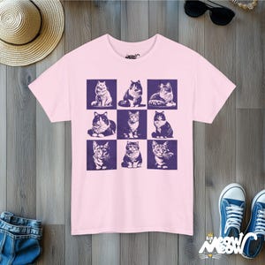 Retro Cat Grid T-Shirt: Vintage Style Graphic Tee Light Pink