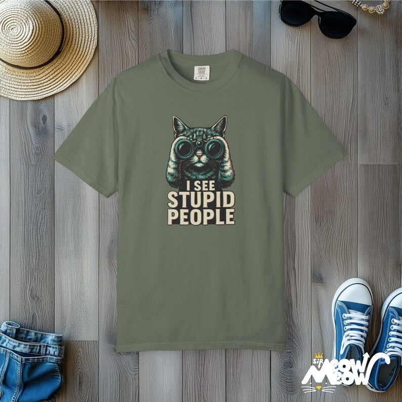 Comfort Colors Cat Binoculars T-Shirt: Sarcastic Humor Tee Moss