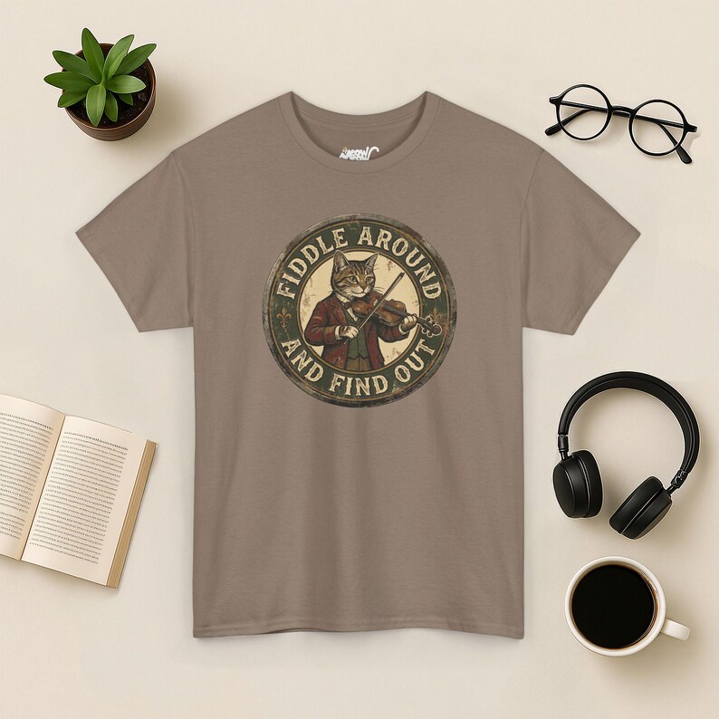 Vintage Fiddle Cat T-Shirt, Funny Violinist Tee Brown Savana