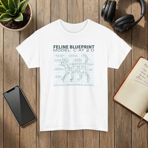 Feline Blueprint T-Shirt Cat Anatomy Illustration Science Graphic Tee White
