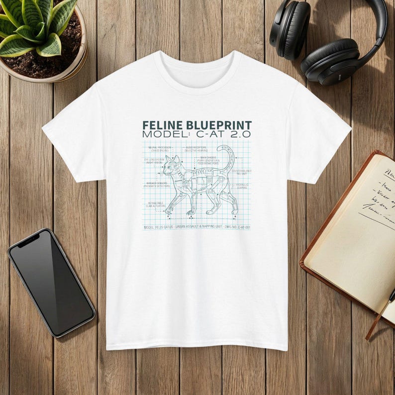 Feline Blueprint T-Shirt Cat Anatomy Illustration Science Graphic Tee White