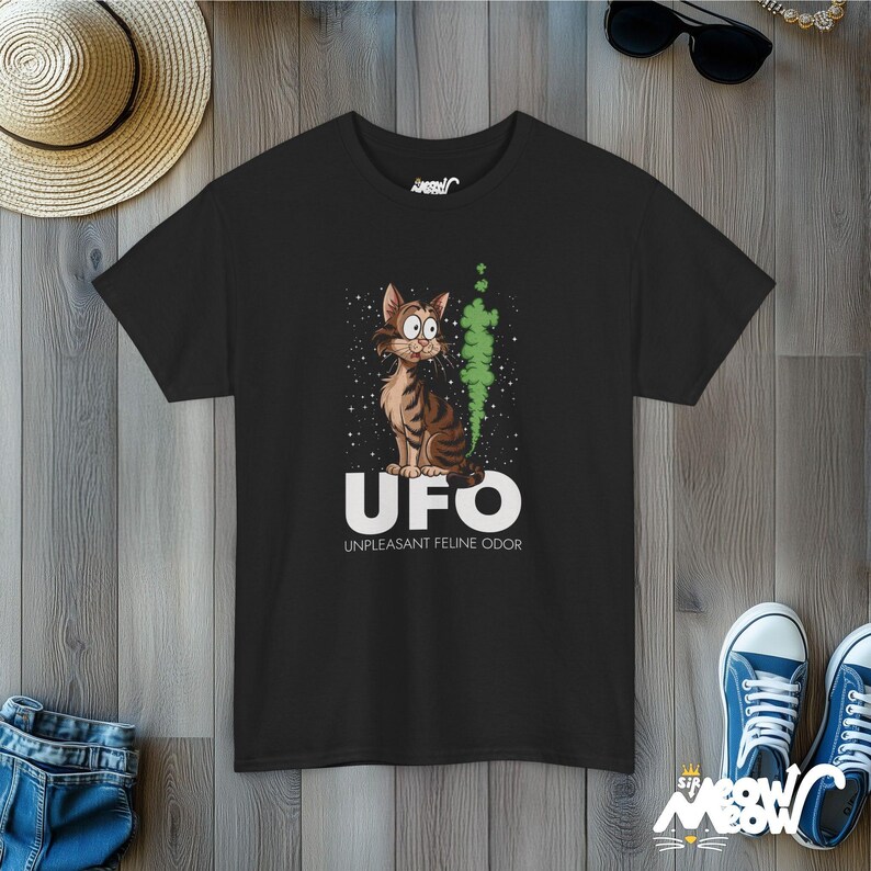 Funny Cat Graphic T-Shirt: UFO Unpleasant Feline Odor Tee Black
