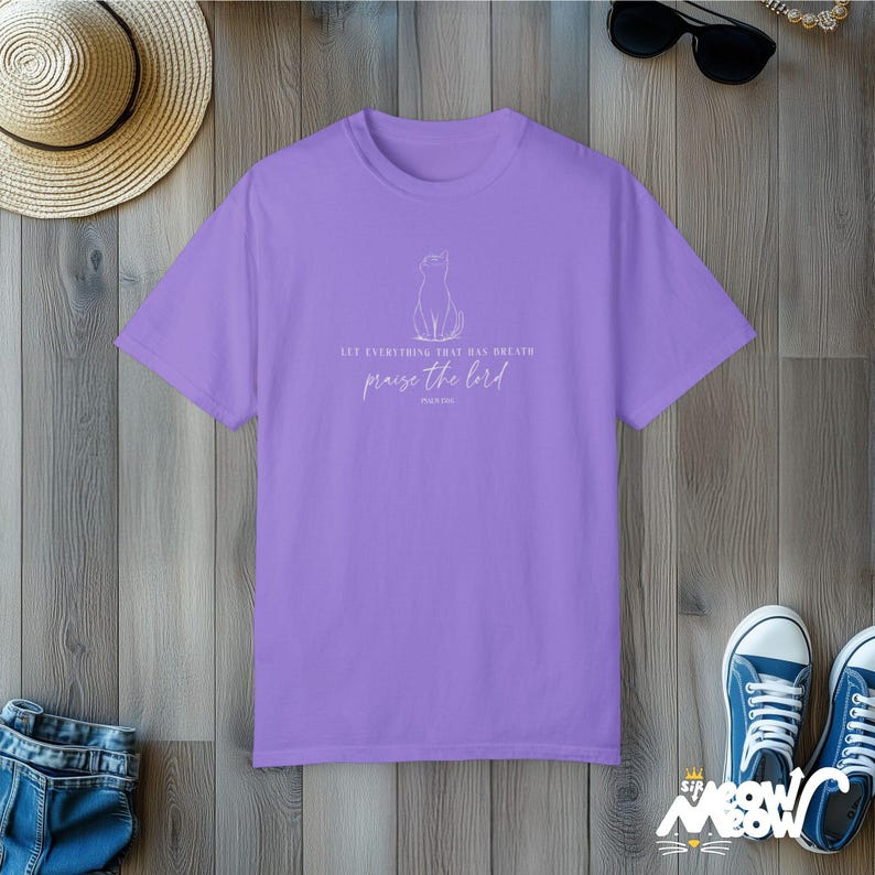 Comfort Colors Religious Cat Shirt | Praise the Lord Jesus Shirt Tee | Bible Verse Faith T-Shirt Violet