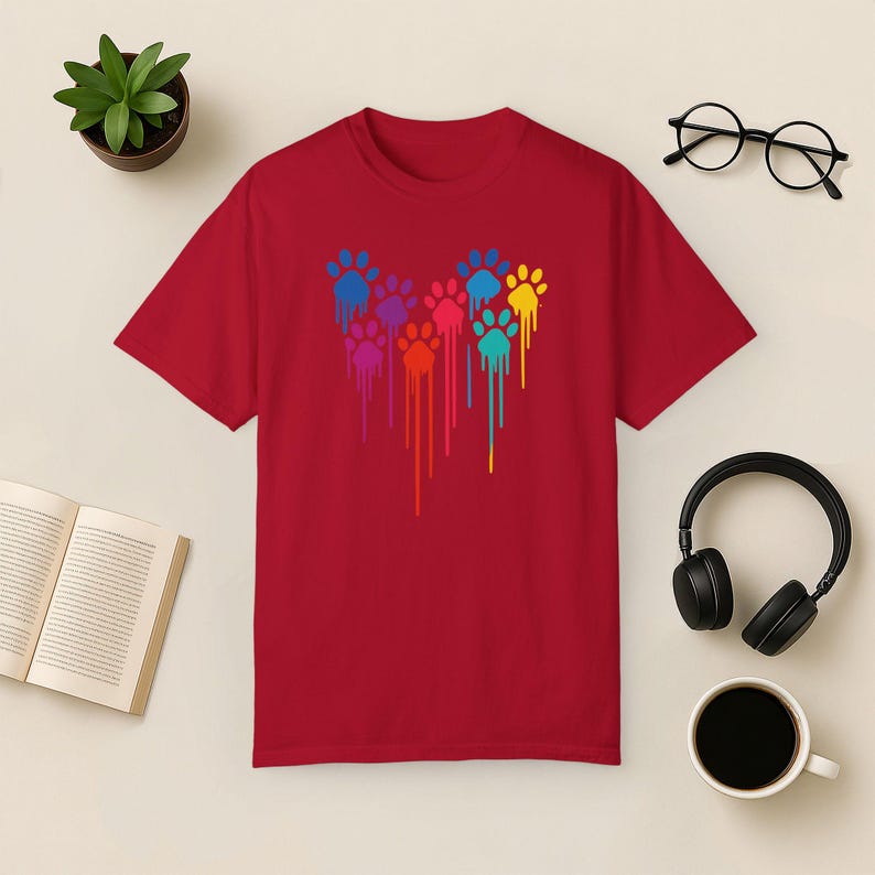 Camiseta con estampado de corazón y pata de arcoíris - Comfort Colors Tee Red
