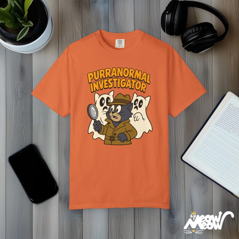 Purranormal Investigator T-Shirt: Funny Cat Ghost Hunter Comfort Colors Tee Burnt Orange