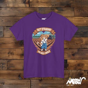 Funny Farmer Cat Graphic Tee - Outstanding in My Field - Cat Lover Gift Purple