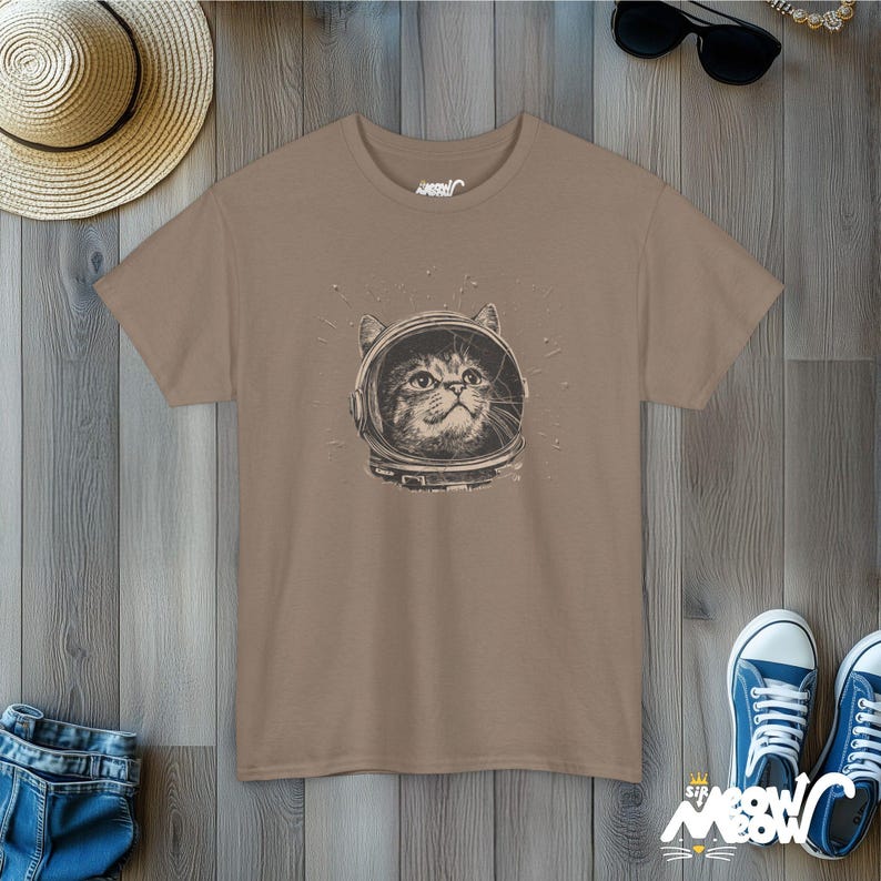 Astronaut Cat T-Shirt: Cosmic Kitty Space Design Brown Savana