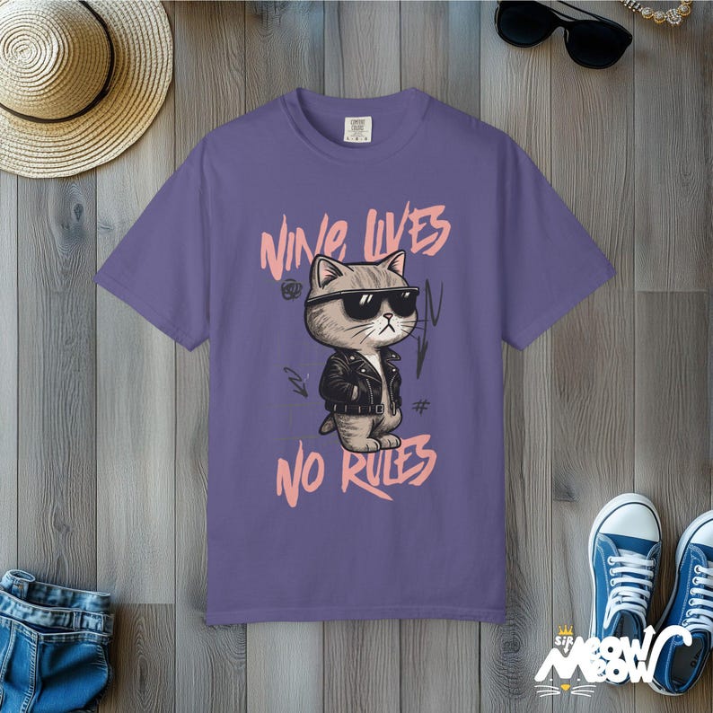 Rebel Cat Graphic Tee: Comfort Colors Retro Streetwear Grape