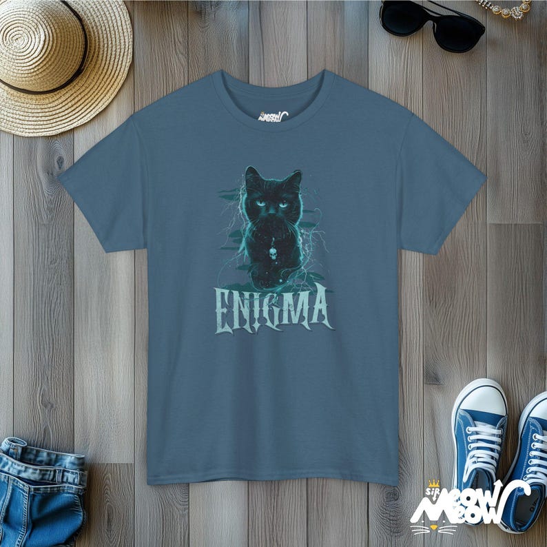 Enigma Cat T-Shirt, Gothic Witchy Tee, Dark Graphic Indigo Blue