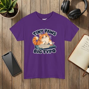 Tiny Paws Big Typo Cat T-Shirt, Keyboard Cat, Gildan 5000 Purple