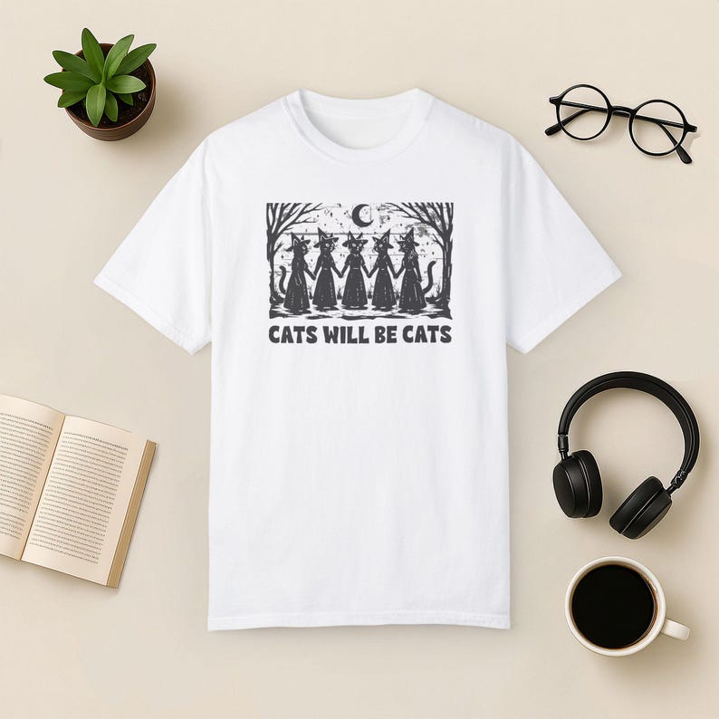 Comfort Colors Witch Cat T-Shirt, Gothic Halloween Tee White