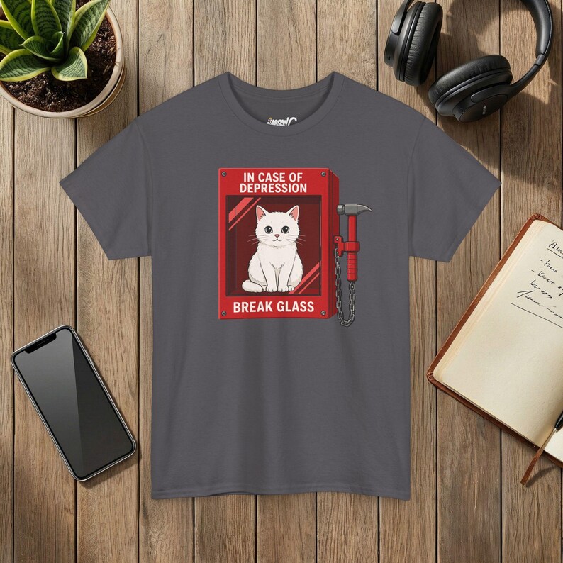In Case Of Depression Cat Shirt, Break Glass Cat T-Shirt, Funny Cat Lover Tee, Mental Health Humor Shirt, Cute White Cat Gift image 6