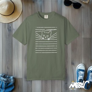 Comfort Colors Cat Blinds T-Shirt: Funny Mischief Tee Moss