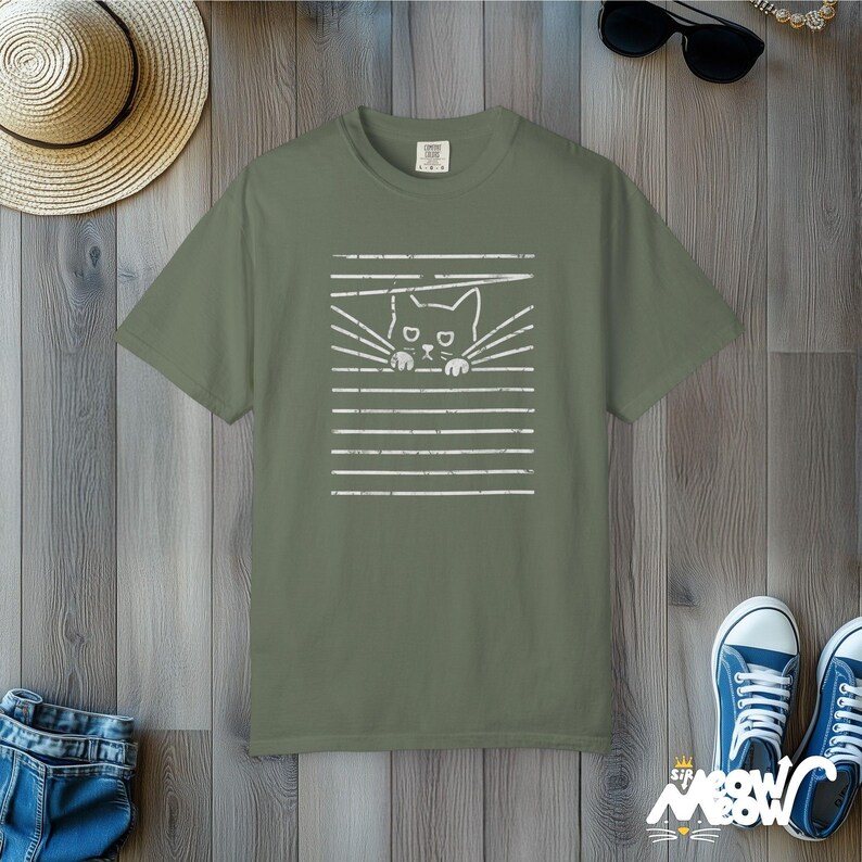 Comfort Colors Cat Blinds T-Shirt: Funny Mischief Tee Moss