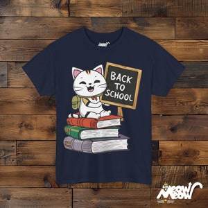 Back to School Cat Tee, Teacher Student Gift Navy