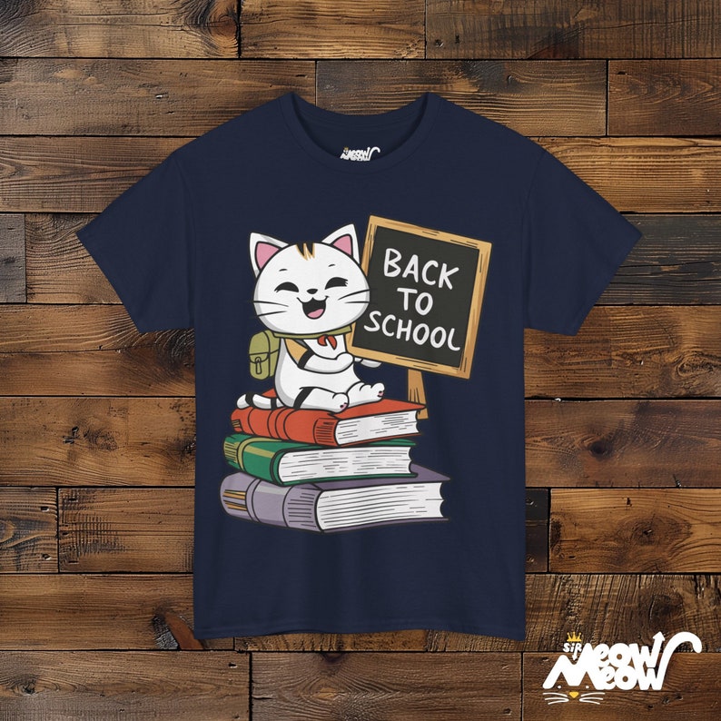 Back to School Cat Tee, Teacher Student Gift Navy