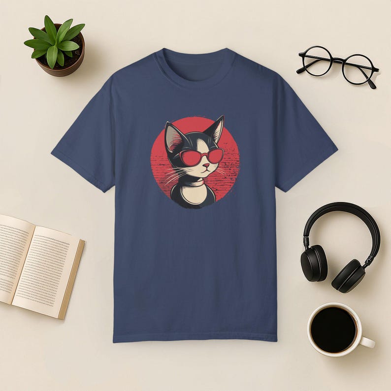 Cat Sunglasses T-Shirt, Retro Graphic Unisex Tee Midnight