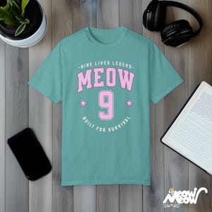 MEOW 9 Cat T-Shirt: Funny Comfort Colors Tee, Cat Lover Gift Seafoam