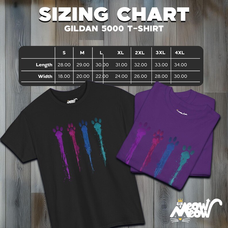 May include: A sizing chart for Gildan 5000 T-shirts with measurements in inches for length and width. The chart shows sizes from S to 4XL. Two t-shirts are shown, one black with a colourful paw print design and one purple with a similar design.