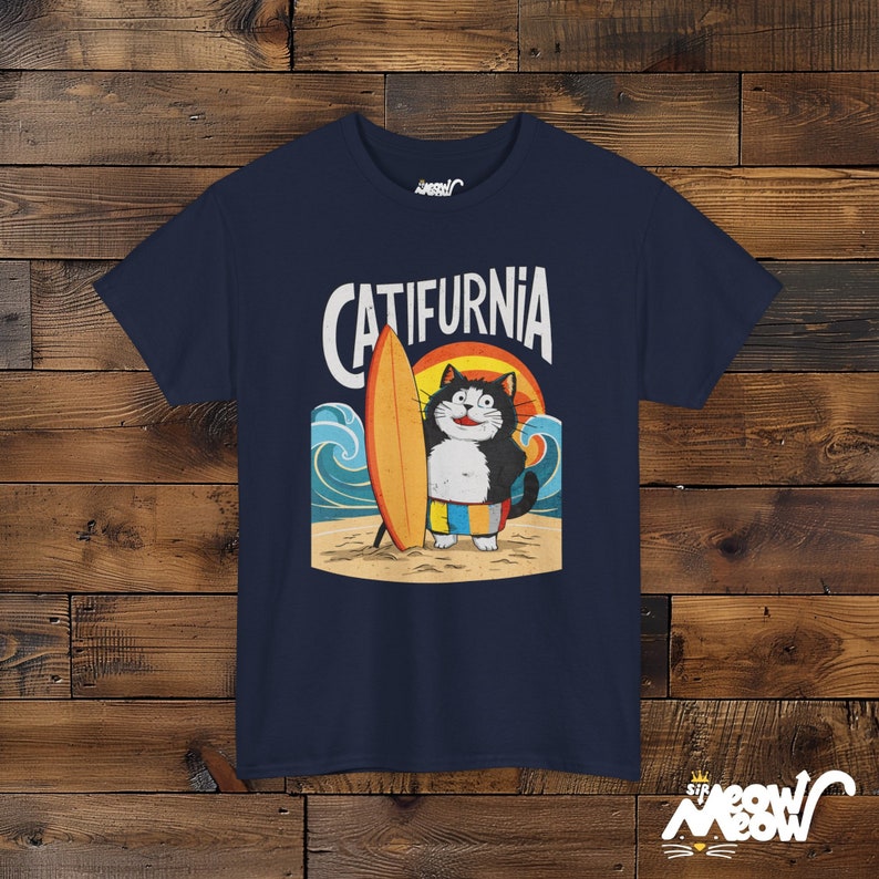 Catifurnia Unisex Shirt: Fun Surfing Cat Design, Beach Lover Gift Navy