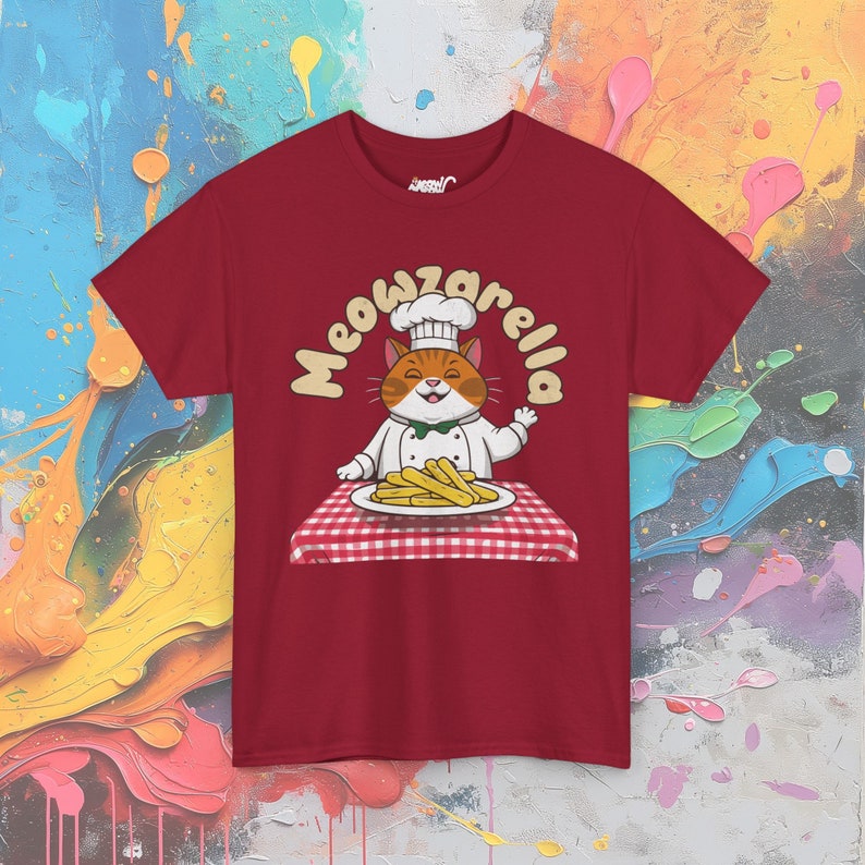 Camiseta de Chef Cat: Meowzarella, divertida camiseta de comida Cardinal Red