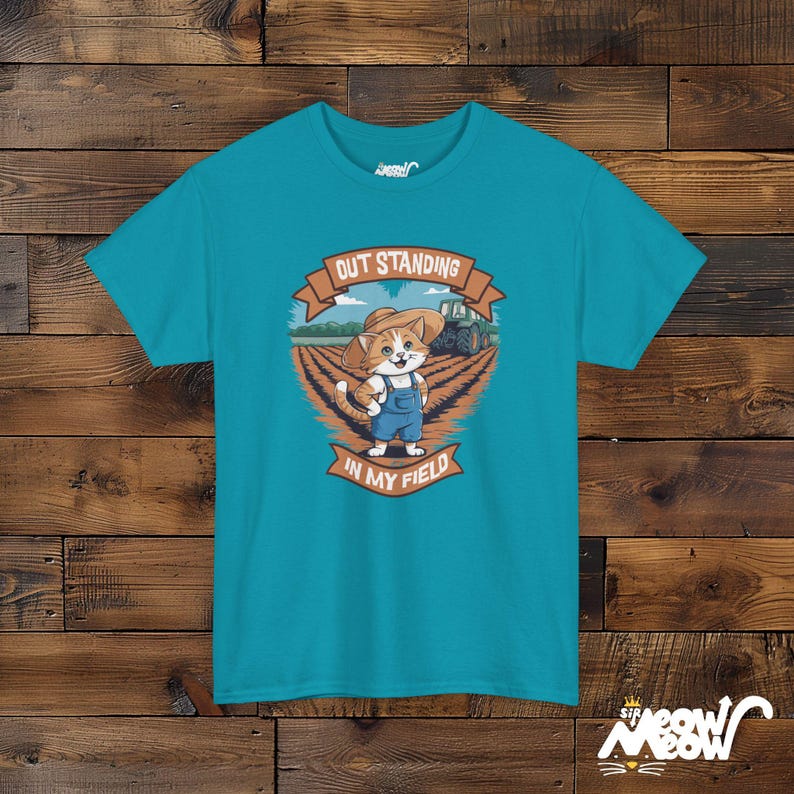 Funny Farmer Cat Graphic Tee - Outstanding in My Field - Cat Lover Gift Tropical Blue