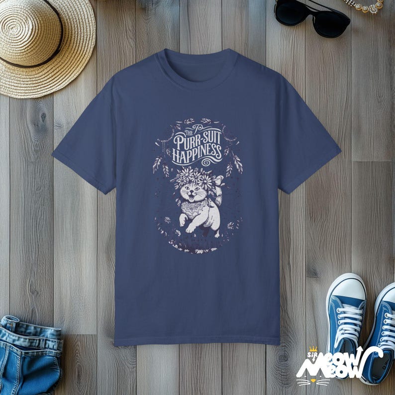 Camiseta de gato floral: ronroneo de felicidad y vibraciones positivas China Blue