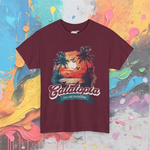 Catatopia T-Shirt, Tropical Cat Paradise Tee, Feline Lover Beach Shirt, Casual Vacation Top Maroon
