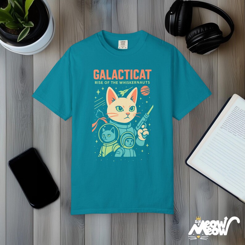 Comfort Colors Galacticat T-Shirt: Funny Sci-Fi Astronaut Cat Tee Topaz Blue