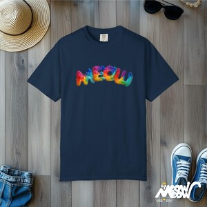 Regenbogen Meow Katzen-T-Shirt: Komfort Farben Stolz T-Shirt True Navy