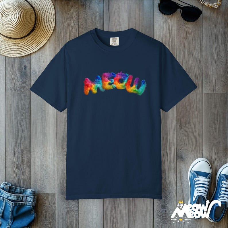 Regenbogen Meow Katzen-T-Shirt: Komfort Farben Stolz T-Shirt True Navy